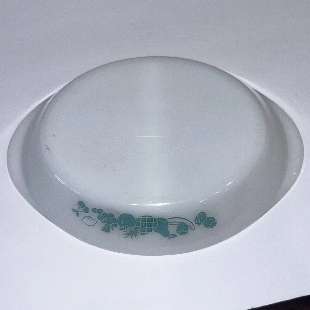 VTG Glasbake Divided Casserole Baking Dish‎ J-2352 White w/ Aqua